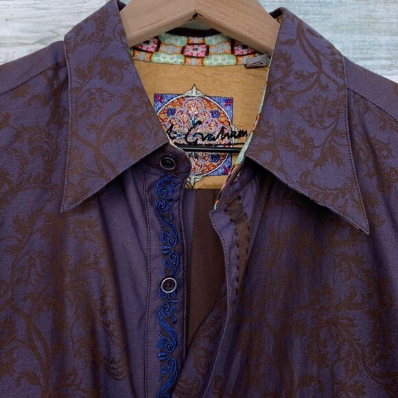 Robert Graham Floral Jacquard Flip Cuff Shirt Purple Silk Embroidered Mens Large - Picture 3 of 9